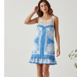 Free People Blue Paisley Sleeveless Lace Top Ruffle Dress, size 8